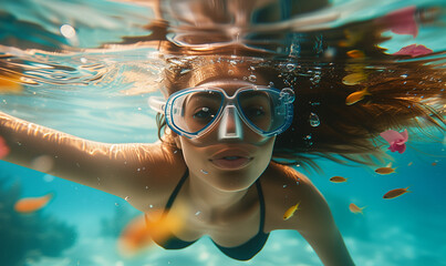 Fototapeta premium Underwater View of Woman with Snorkeling Mask in Tropical Ocean in summer, perfect summertime 