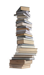 High stack of many different books isolated on white