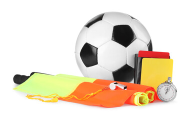Football referee equipment. Soccer ball, flags, stopwatch, cards and whistle isolated on white
