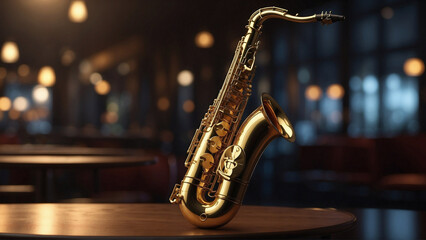 A saxophone stands out on the table of a jazz venue. Invitation to celebrate Jazz International Day. - obrazy, fototapety, plakaty