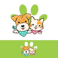 Cartoon dog and cat head and paw sign, pet logo with puppy terrier and kitten smiling, vector illustration