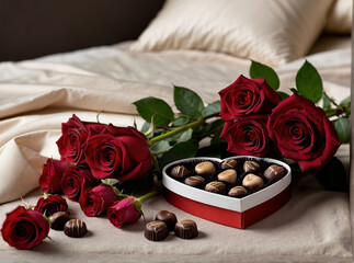 essence of indulgence and romance with a beautifully arranged heart-shaped gift box overflowing with luxurious Valentine chocolates, accompanied by a bouquet of tender roses
