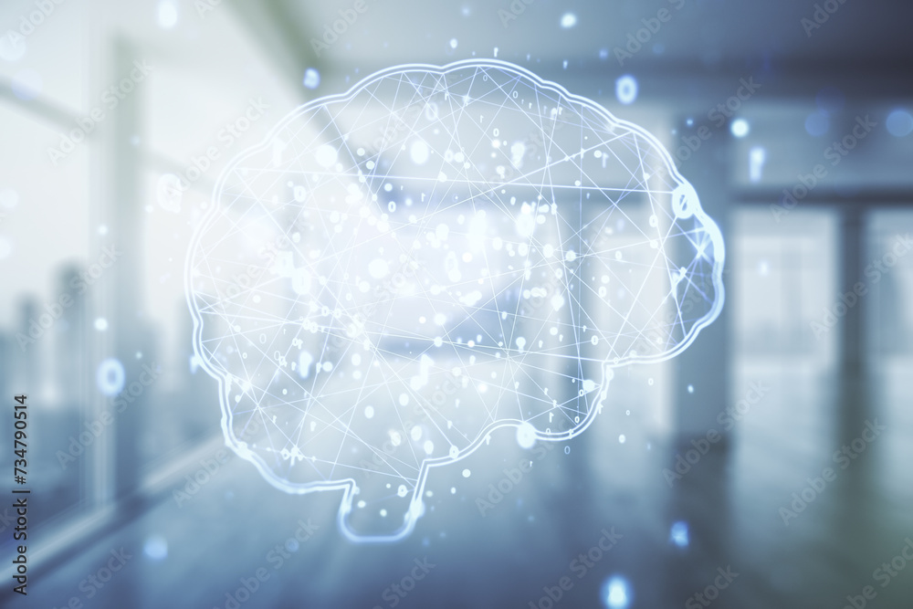 Aufkleber virtual creative artificial intelligence hologram with human brain sketch on empty corporate office 