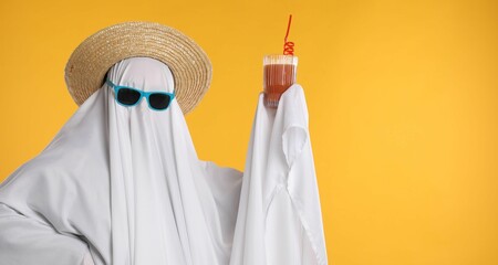 Person in ghost costume, sunglasses and straw hat holding glass of drink on yellow background,...