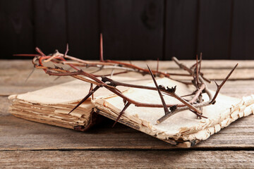 Fototapeta na wymiar Crown of thorns and Bible on wooden table, closeup