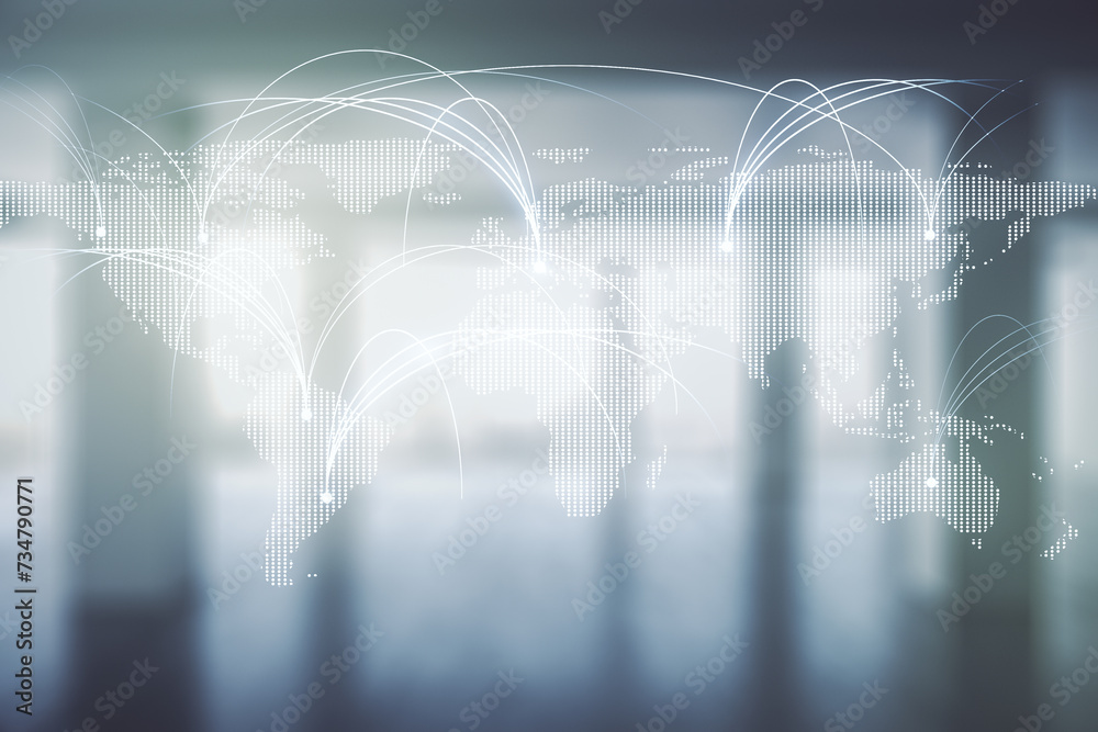 Poster double exposure of abstract digital world map hologram with connections on empty modern office backg