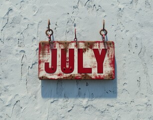 A bright red sign with the letters of the name of the month "JULY," on a minimalistic white background