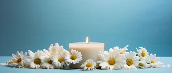 Lighted aromatic candles are placed on a wooden cream colored circular platform and daisies flowers all around on a light blue background created with Generative AI Technology