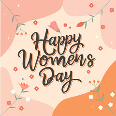 International Women's Day Greeting Card with Striking Pink 'Happy Women's Day' Text, 'March 8th' in Subdued Brown, Adorned with Delicate Pink Flowers on a Clean White Canvas.