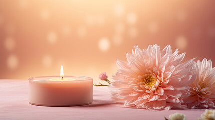Fototapeta na wymiar Lighted aromatic candles are placed on a wooden cream colored circular platform and pink Chrysanthemum flowers all around on a light pink background created with Generative AI Technology