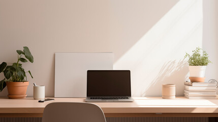 Workplace with computer and office supplies on table, minimalist interior. Sunlight from the window, shadows.