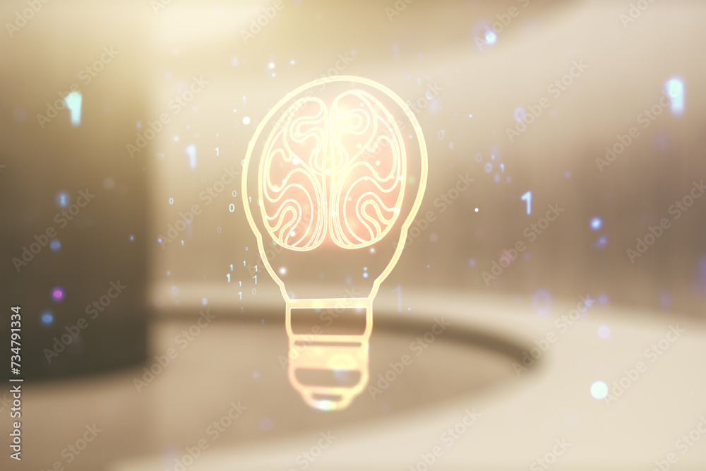 Aufkleber double exposure of abstract virtual creative light bulb hologram with human brain on empty modern of