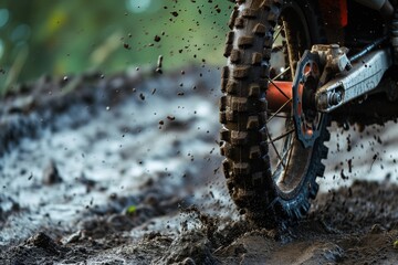 Fototapeta na wymiar closeup of dirt bikes tire on mud, with splatter