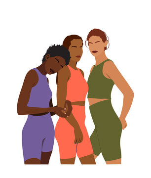 Three women of different ethnicities and races standing together. Strong girls wearing colorful sport wear. Diversity and feminism concept. Sisterhood, females friendship. Vector illustration isolated