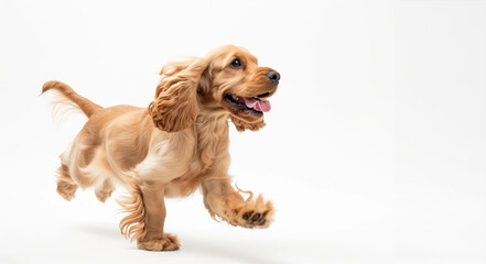 English cocker spaniel young dog is posing. Banner. Cute playful doggy or pet is playing isolated on white background. Concept of motion, action, movement.