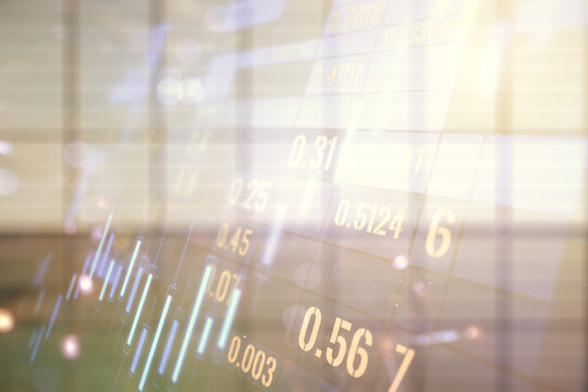 Multi exposure of virtual abstract financial diagram on abstract empty interior background, banking and accounting concept