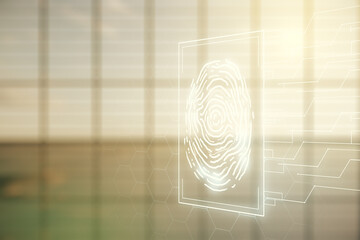 Double exposure of virtual creative fingerprint hologram on empty room interior background, protection of personal information concept