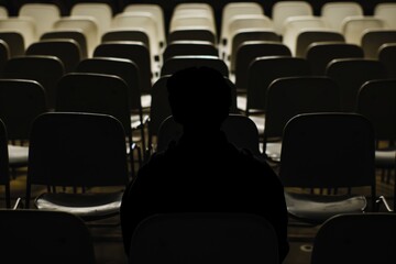 silhouette of a person against row upon row of unoccupied chairs