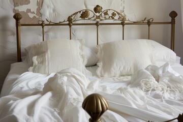 Fototapeta na wymiar wroughtiron bed with white linen and lace