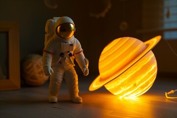 astronaut figurine beside a glowing saturn lamp in dim light - obrazy, fototapety, plakaty