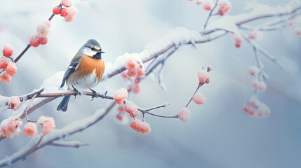 small colorful bird perched on a persimmon tree branch covered in contrasting icy colors and large soft fruits