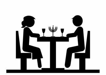 two people sitting in a restaurant, candlestick on desk, food and drink, black silhouette, vector web symbol, illustration