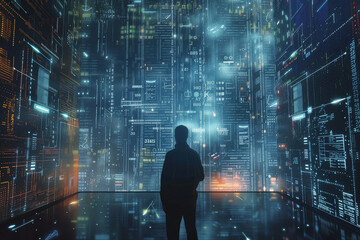 man on a background of digital abstract digital code - obrazy, fototapety, plakaty