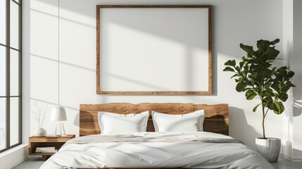 A wooden frame mock up on the wall over bed in the bedroom, Generative AI