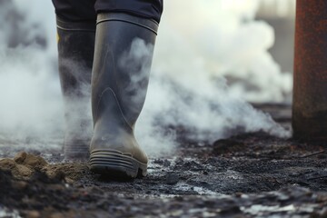 closeup of protective boots walking near smoking smokestack