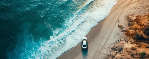Aerial top view of luxury car on the beach coast, banner with copy space, Generative AI - obrazy, fototapety, plakaty