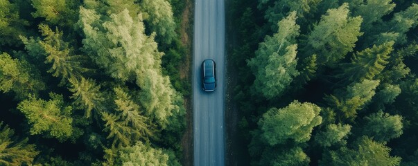 Aerial top view of luxury car on the road in the mountain, forest, hills, banner with copy space, Generative AI