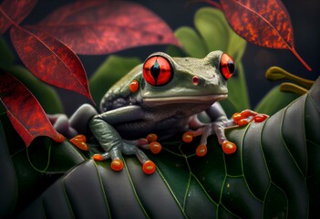 frog with red eyes sitting on top of a green leaf. Generative AI