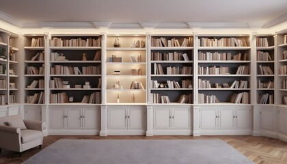 Classic style white wooden bookshelves room with an armchair and a carpet