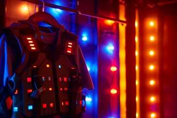 laser tag vest hanging on a rack with glowing lights