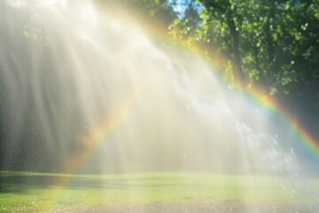 sprinkler casting rainbow in mist on sunny day