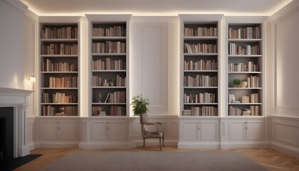 Fototapeta na wymiar Classic style white wooden bookshelves on the two sides of a wall, chair in the middle, fireplace on the left