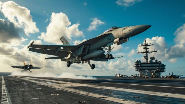 Fighter jets and naval planes taking off from the flight deck of an aircraft carrier