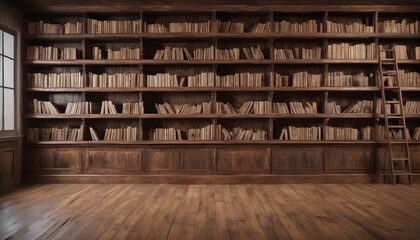 Classic style wooden bookshelves on a wall, window on the left