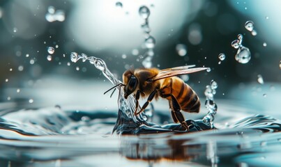 Macro shot of bee over the water,  Generative AI