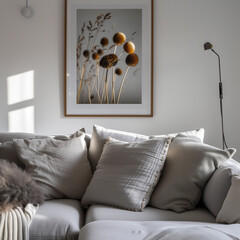 a grey couch next to a picture of a flower and text, in the style of otto müller, minimalist style, detailed wildlife, dom qwek, joyful, light white, dansaekhwa 