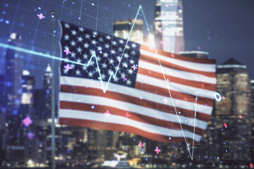 Abstract virtual heart pulse hologram on US flag and skyline background, online medical consulting...