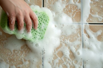 hand scrubbing tiles with a green sponge, white foam present