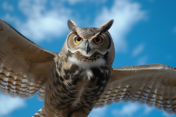owl with wings spread open, directly facing camera against blue sky
