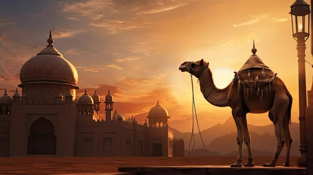 calm loop video camel in front of mosque in the desert morning time orange sky moving islamic refreshing animation ramadan