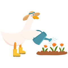 Cute goose with a watering can in his hand watering flowers. Springtime. Hello Spring. Used for greeting card, and poster design.