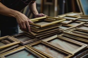 person stacking multiple empty frames artfully