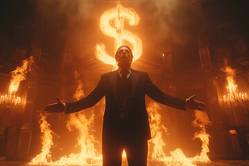 Close-up of a businessman in a suit with a flaming dollar sign on a dark background. Concept of volute, deposits and loans. - obrazy, fototapety, plakaty