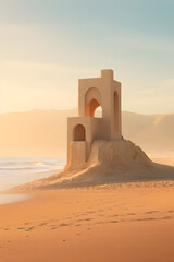 dream-like sandcastle on an empty beach (generative AI)