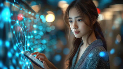 Close-up of a young woman in a modern coworking studio working with a tablet in her hands. Modern technology concept, smartphone, future, gadgets, technology, online education.