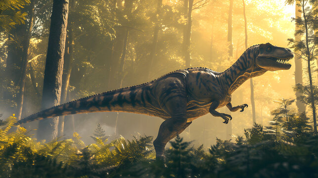 Majestic Dinosaur Roaming in Misty Prehistoric Forest